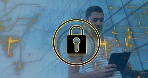 Hispanic man with tablet overlaid by cybersecurity symbol