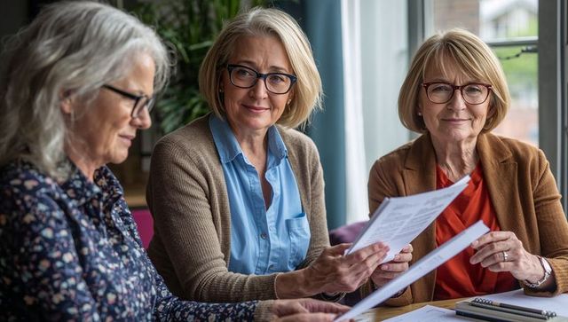 Senior women reviewing documents together at table, retirees discussing finances and plans