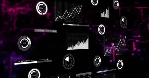 Floating Futuristic Data HUD Dashboard with Neon Magenta Line Charts and Holographic Graphs