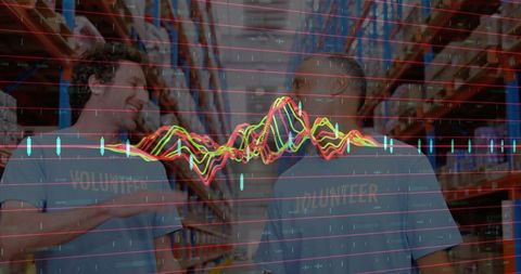 Volunteers Discussing in Warehouse Overlaid with Financial Data