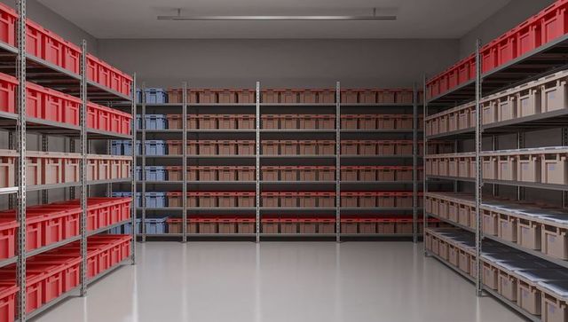 Organizing industrial storage with metal shelving holding red beige blue plastic bins