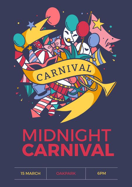 Vibrant poster perfect for promoting carnival events, parties, and festive celebrations. Elements include masks, hats, trumpets, and balloons on a dark blue background, making it visually attractive for attracting attendees to the event.