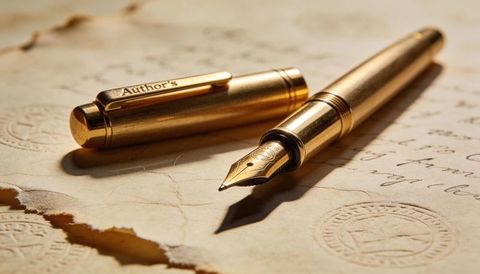 Antique gold fountain pen nib resting on torn parchment with engraved author's cap
