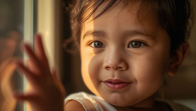Curious toddler gazing through window, warm golden light on smiling face closeup portrait