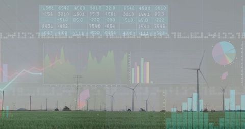 Wind turbines overlaid with real-time data in countryside