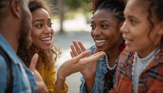 Young friends laughing and chatting outdoors, wearing denim and plaid, smiling in plaza