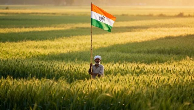 Senior indian farmer holding tricolor flag in golden wheat field during golden hour