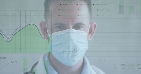 Doctor in surgical mask analyzing data with digital overlays