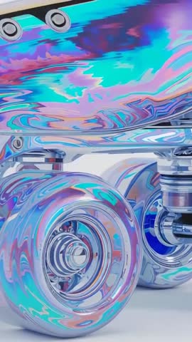 Vertical video showing holo skateboard deck and clear chrome wheels reflecting iridescent light