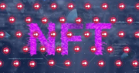 NFT Text Overlay with Viral Cells on Dark Background