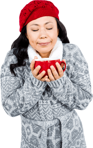 Transparent Cozy Asian Woman Holding Teacup in Winter Sweater and Red Beanie