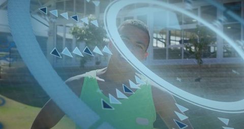 Young athlete engaging with futuristic ar data overlay on sunny campus lawn