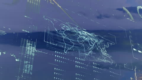 Digital World Map Interface with Data Processing Elements