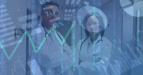 Diverse Doctors Analyzing Medical Data in Futuristic Interface