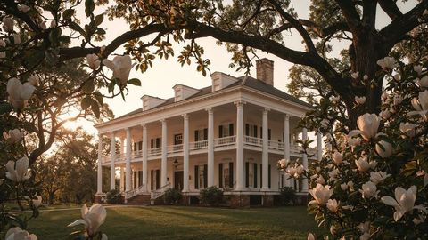 Historic Southern Mansion Surrounded by Lush Magnolia Trees