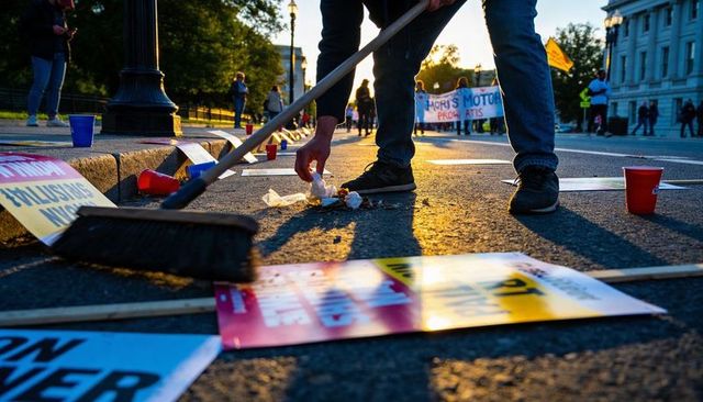 Volunteer sweeping protest litter at sunset with discarded signs and cleanup crew