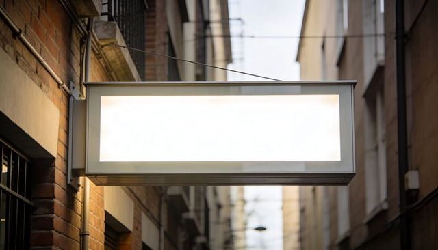 Glowing Rectangular Signboard Hanging Over Narrow Alleyway, Brick Facade Backdrop