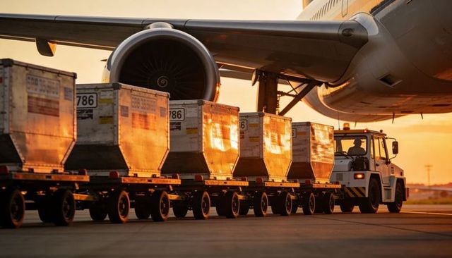 Airport ground tug hauling cargo dollies beneath widebody jet engine at sunset