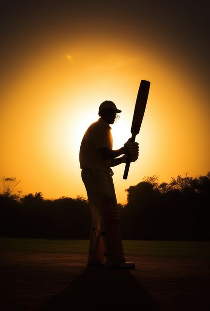 Silhouette of cricket player on cricket field, created using generative ai technology. Cricket, sport and competition concept digitally generated image.