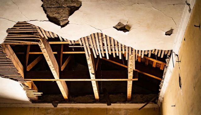 Revealing exposed ceiling joists and lath strips in dilapidated room with broken plaster