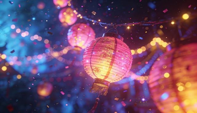Glowing pink paper lanterns with bokeh lights and confetti at night festival celebration
