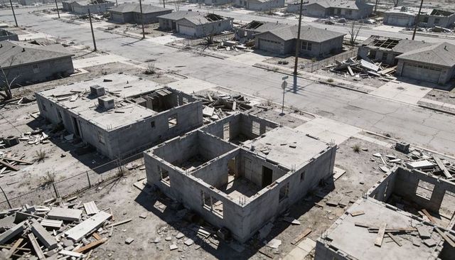 Roofless concrete shells in derelict subdivision, rubble-strewn yards and exposed rebar