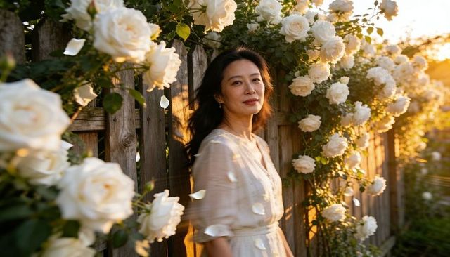 Woman standing among white climbing roses at golden hour beside wooden fence
