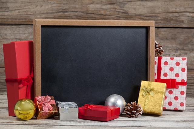 Christmas Gifts and Decorations with Blank Chalkboard - Download Free Stock Photos Pikwizard.com