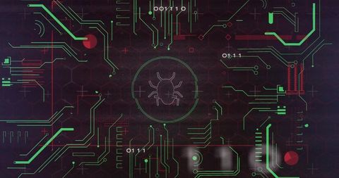 Futuristic cybersecurity interface with bug icon and circuit paths