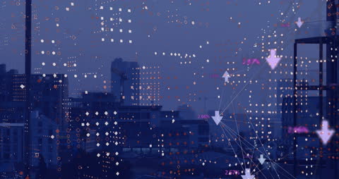 Abstract Cityscape with Digital Icons and Futuristic Network Overlay