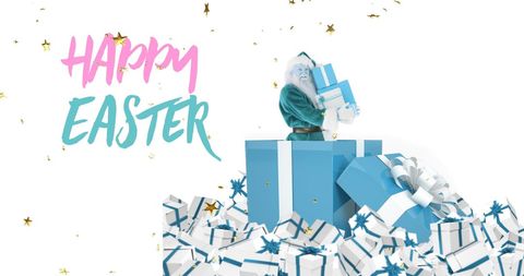 Festive Santa Holding Gift Boxes with Easter Greeting