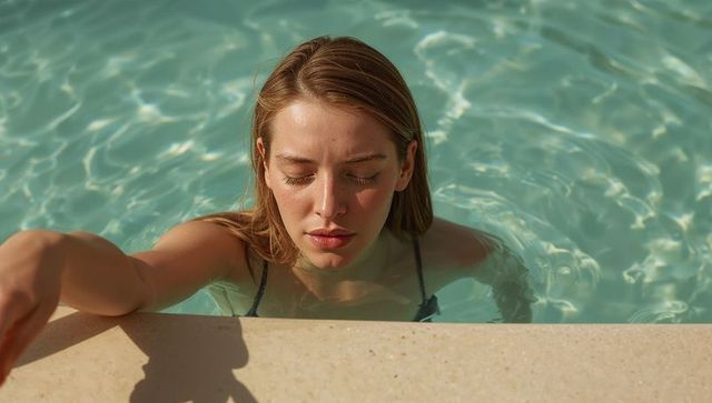 Young woman resting at pool edge under sunlight, calm swimwear moment with water reflection