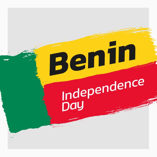 Colorful design representing Benin Independence Day featuring the national flag colors – green, yellow, and red – along with bold text. Perfect for use in posters, social media posts, and announcements to celebrate and inform about Benin's national holiday on August 1. Suitable for educational purposes or cultural presentations showcasing national pride and traditions.