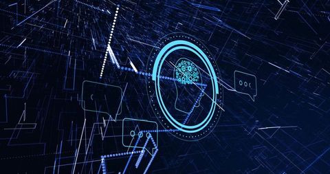 Neon AI Brain Emblem Radiating Network Lines Across Cyber Grid with Chat Icons