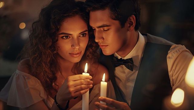Romantic Couple Lighting Candles in Elegant Evening Atmosphere