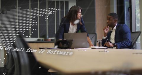 Business Team Collaborating with Digital Global Data Overlay