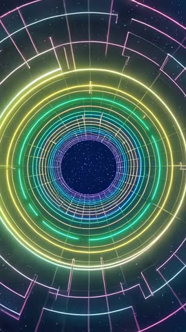 Camera Advancing Through Color-Shifting Neon Rings in Futuristic Starfield Vertical Motion Video
