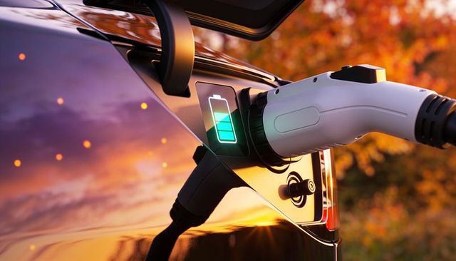 Electric vehicle charging at sunset with glowing battery icon on glossy reflective car