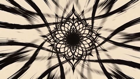 Radiating ink mandala with dynamic brush strokes creating radial geometric motion