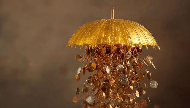 Golden umbrella raining coins and silver pieces, wealth cascade financial abundance