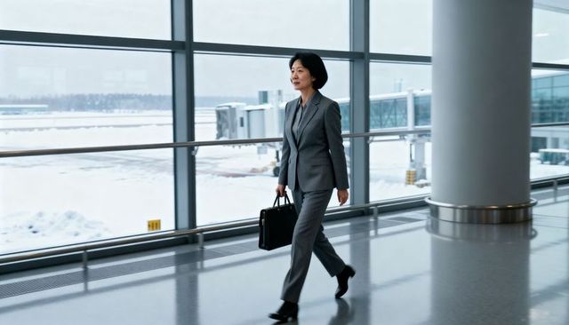 Asian businesswoman walking through airport terminal carrying briefcase
