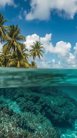 Vertical split-shot showing palm-fringed island and coral reef through bobbing waterline