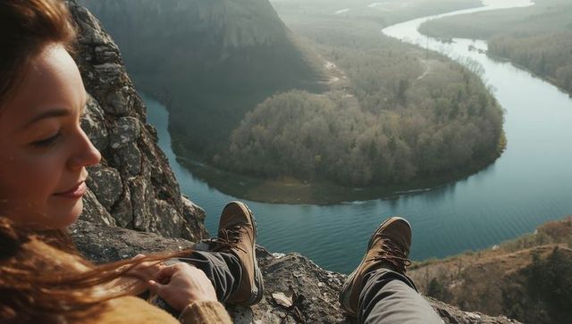 Woman relaxing on cliff during golden hour overlooking winding river and forested island