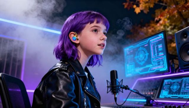 Teen streaming with purple hair wearing earbuds and leather jacket in neon futuristic studio