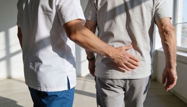 Caregiver supporting senior walking during physical therapy session in bright rehab room
