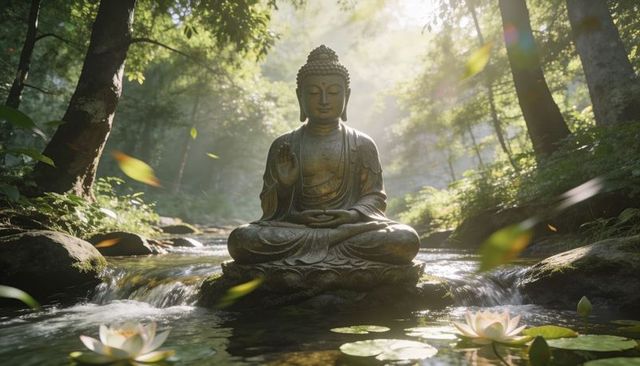 Serene buddha statue meditating on mossy rock in sunlit forest creek with water lilies