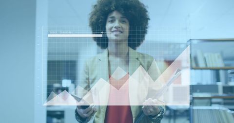 African American Businesswoman Walking Overlayed with Data Chart