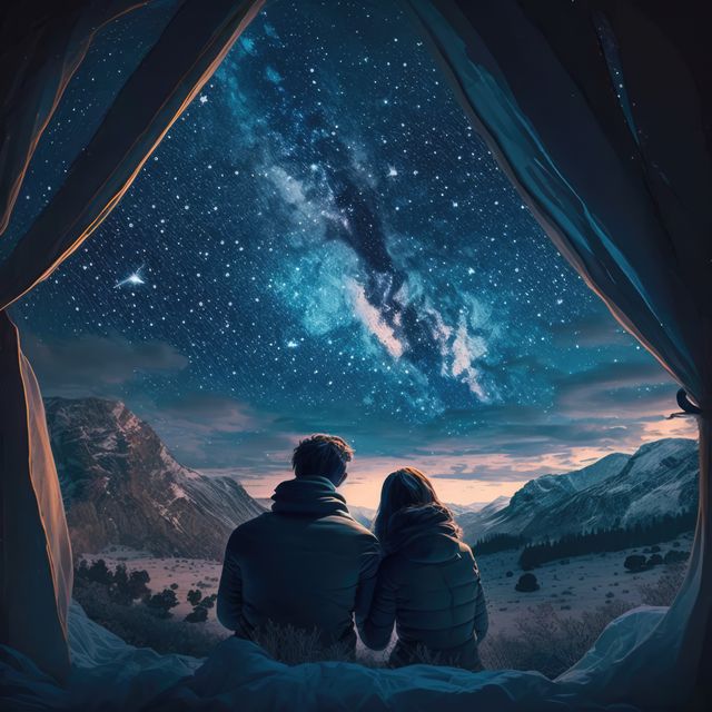Couple sitting together in tent capturing the beauty of the night sky with the Milky Way galaxy visible. Perfect for use in travel magazines, adventure blogs, romantic getaway promotions, or any content relating to nature's beauty.