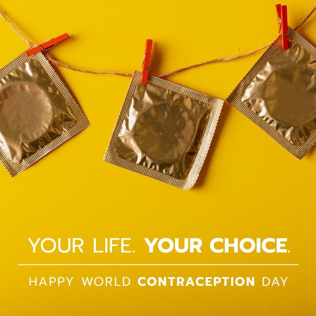 Condom packs hanging on clothesline and your life, your choice, happy world contraception day text - Download Free Stock Videos Pikwizard.com
