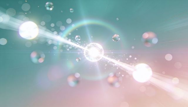 Glowing orb sending diagonal energy beam through teal-peach bokeh with sparkling particles